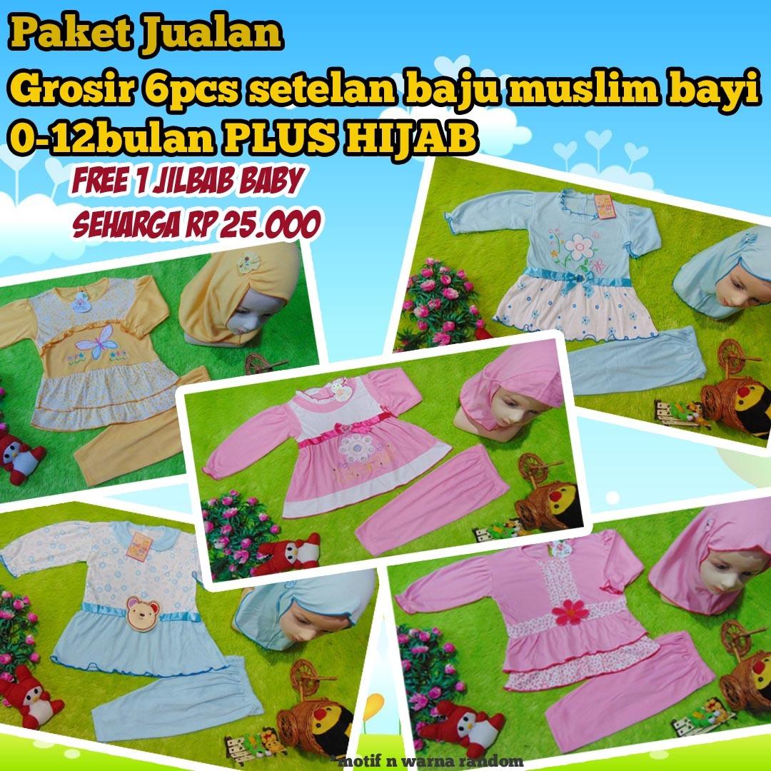kembarshop - BONUS JILBAB paket jualan grosir 6 setelan baju muslim gamis anak bayi baby cewek perempuan 0-12bulan plus jilbab hijab aneka warna