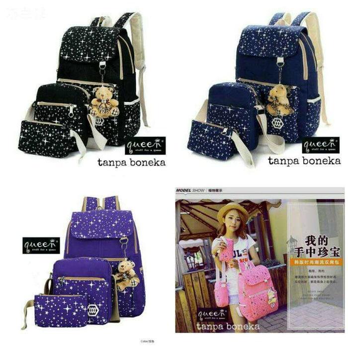 Jual PROMO Tas Ransel Punggung Sekolah Anak / Wanita Star 3in1 Grosir Murah - Hitam Promo