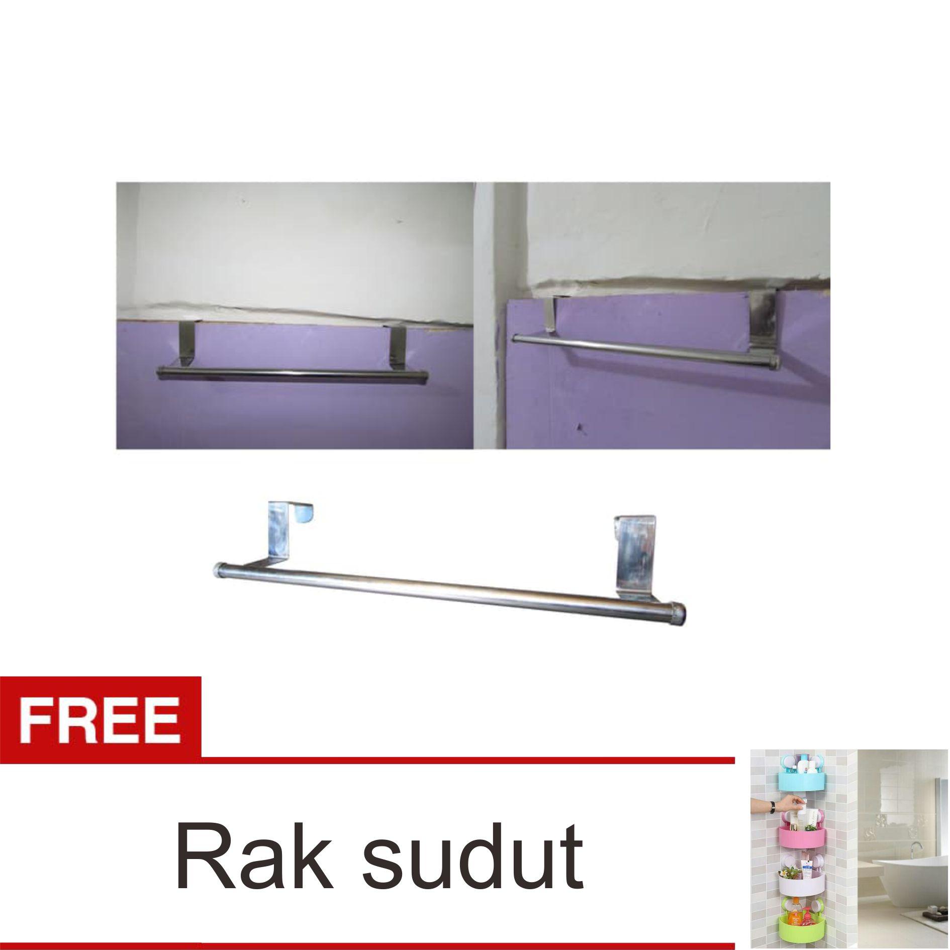 Lanjarjaya Stainless Steel Gantungan Handuk Bar Kamar Mandi Tanpa Paku + Rak Sudut