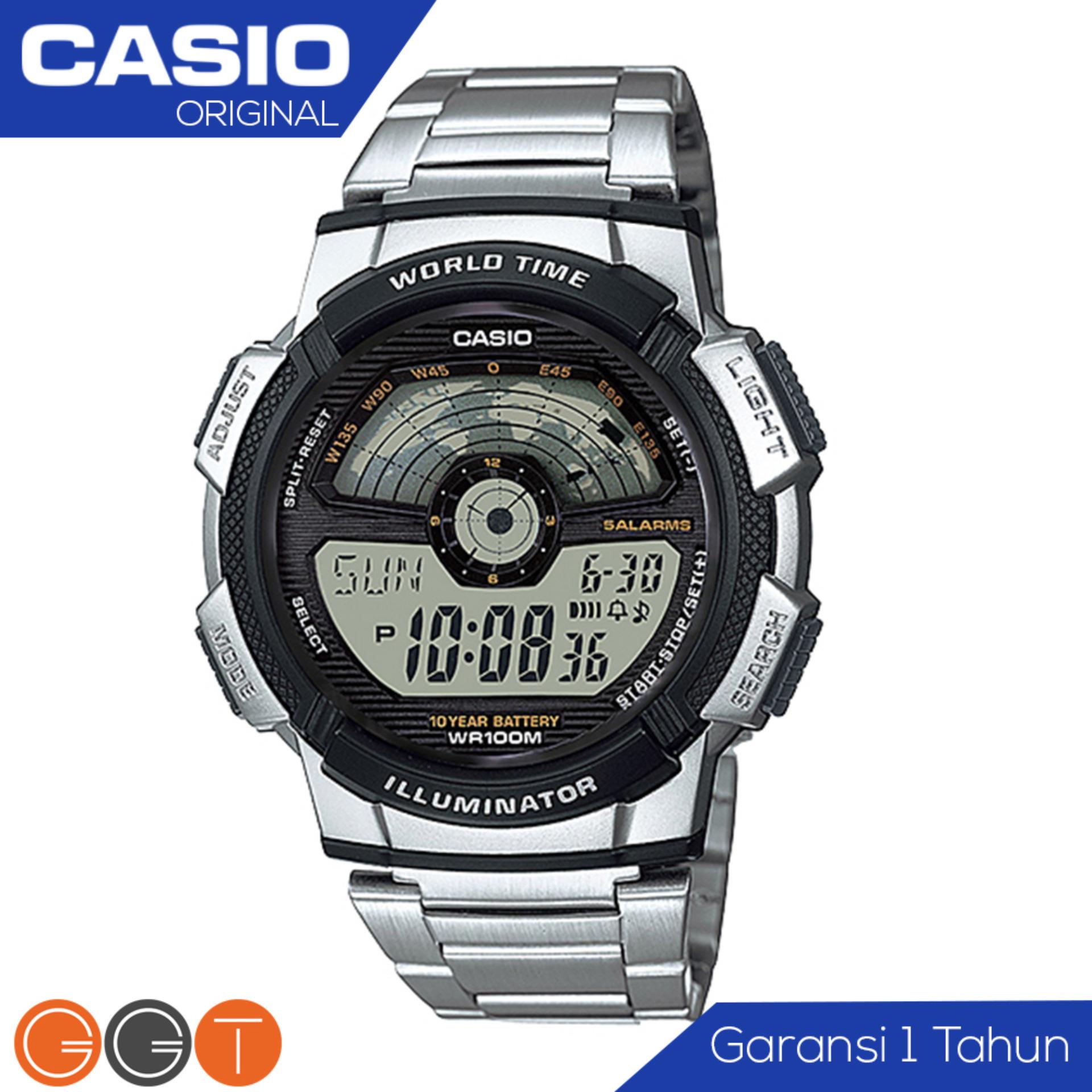 CASIO Illuminator AE-1100WD-1AVDF - Jam Tangan Pria - Tali Logam Stainless Stell - Digital Movement - Silver Hitam