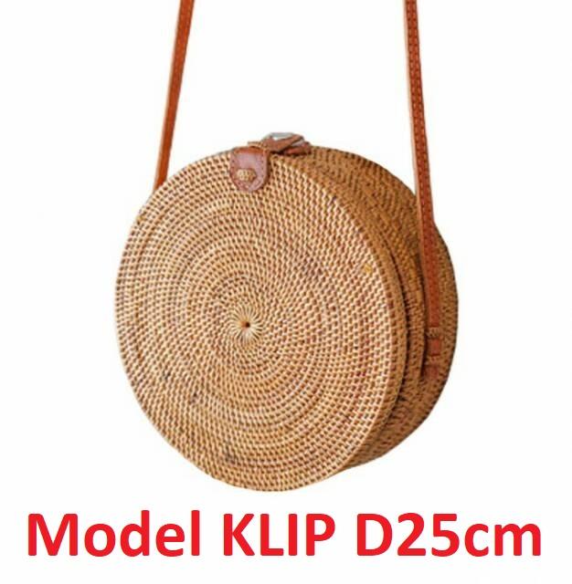 McZ Tas Rotan Bali KLIP/ Tas Bulat Polos KLIP / Round Rattan Bag/ Tas Raisa Full Ate KLIP - Diameter 25 cm - Coklat