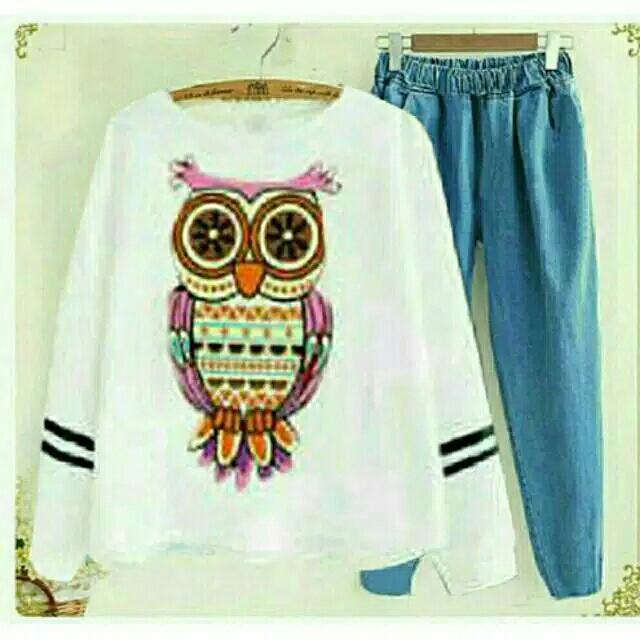 J&C Setelan Joger Burhan (Burung Hantu) / Celana Denim / Setelan Kaos Wanita / Baju Santai / Setelan Wanita / Kaos Cewek / Celana Panjang Wanita/ Kaos Panjang Wanita / Celana Joger Wanita / Setelan Celana Jogger