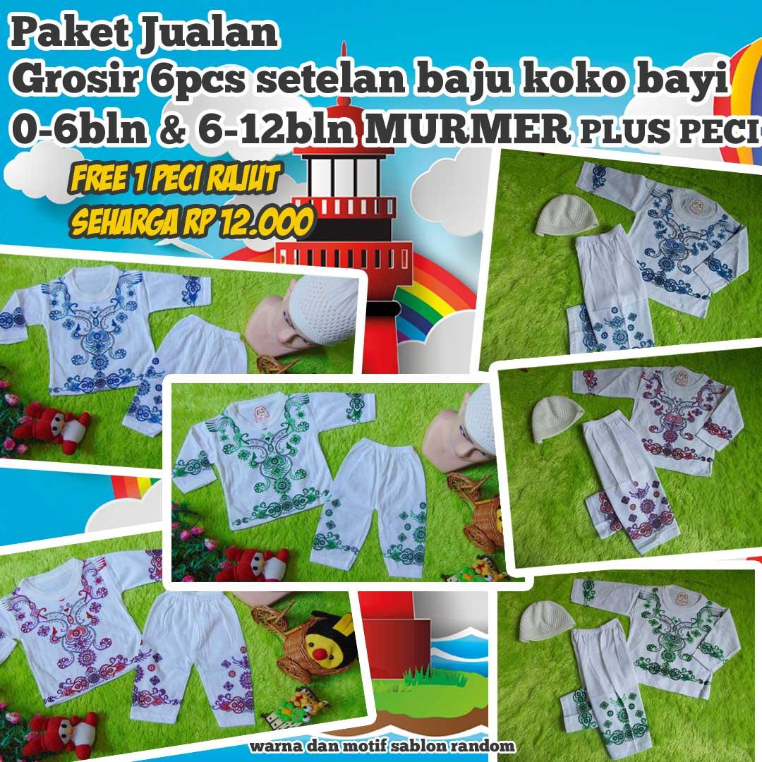 kembarshop - BONUS PECI RAJUT paket jualan grosir 6 setelan baju muslim koko anak bayi baby cowok laki-laki 0-6bulan&6-12bulan MURMER plus peci