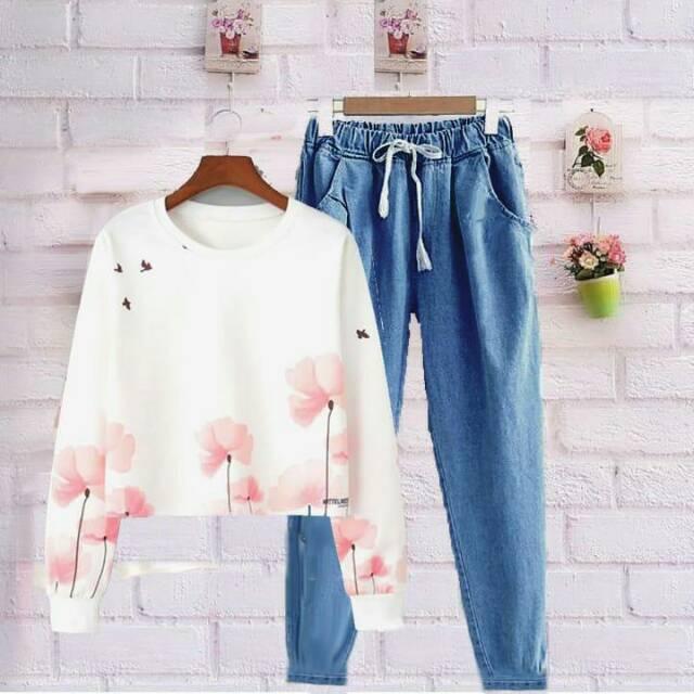 OTIN FASHION BAJU WANITA SETELAN JULIE CELANA DENIM POLOS konveksi murah tanah abang