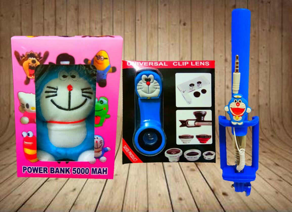 Paket Irit Karakter Doraemon 3in ( Powerbank Boneka + Fisheye + Tongsis )