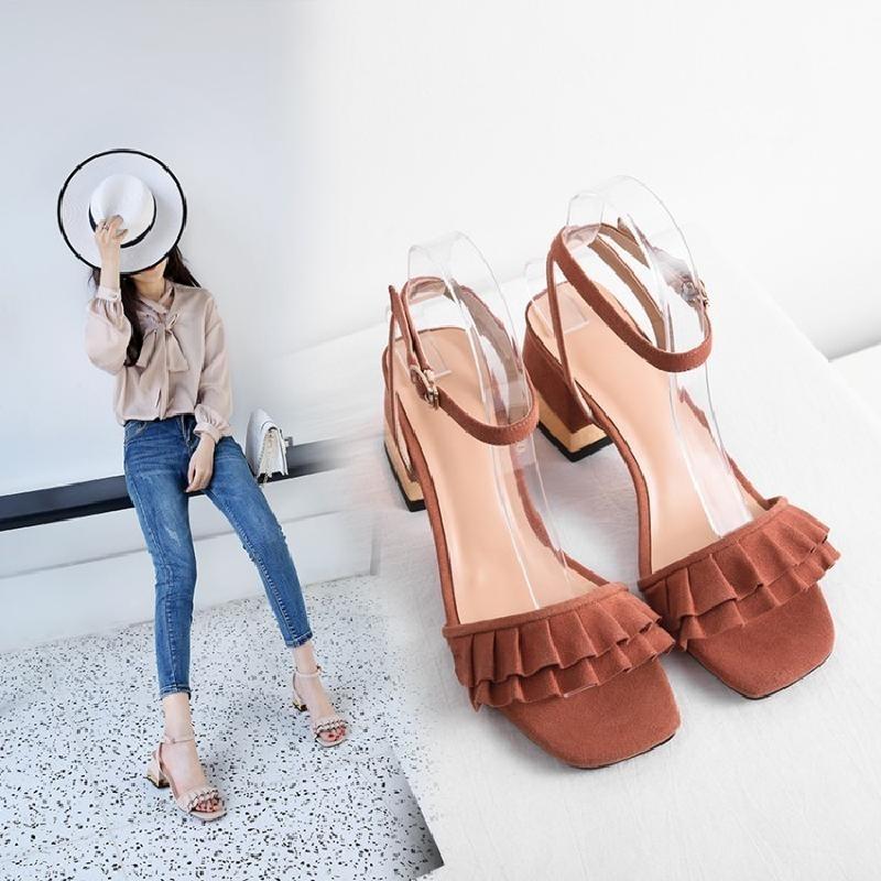 Sandal Musim Panas Sepatu Wanita Kulit Sederhana Daun Teratai Menjadi (Bata Merah)