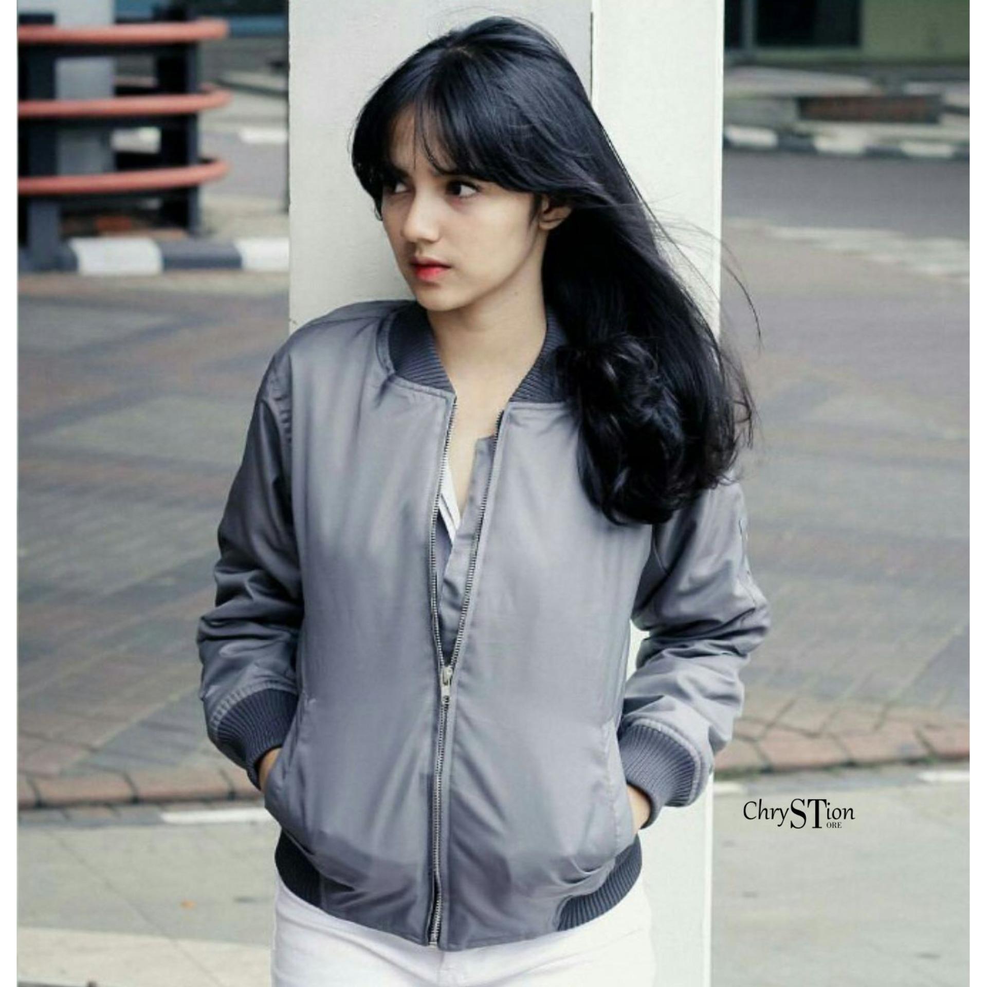 Chrystion Bomber Jacket Wanita Parasut Tebal Lengan Panjang Rip Premium