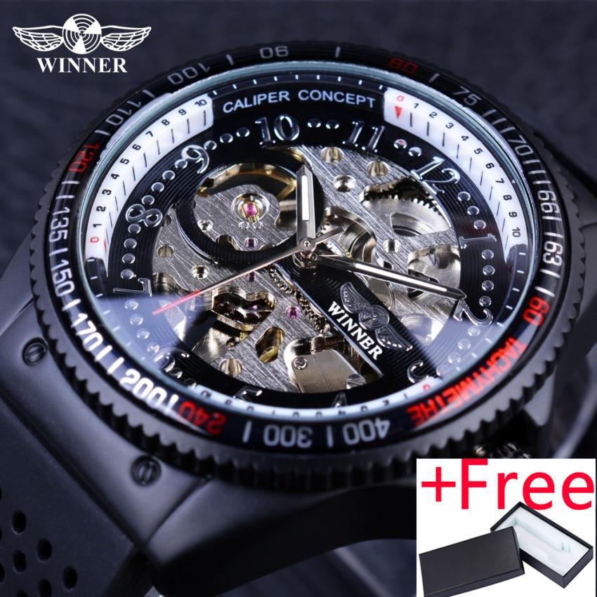 Winner GMT977 Rotating Bezel Design Rubber Band Inside Mens Watch Top Brand Luxury Mechanial Automatic Skeleton
