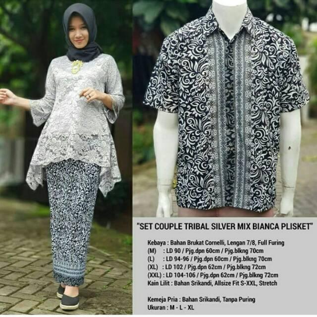 Glow fashion Couple batik 2in1 Stelan brukat atasan blus kemeja abaya kebaya dan rok span plisket panjang wanita jumbo blouse long skirt dan atasan kemeja pria dewasa jumbo blus shirt Akira M - XXL