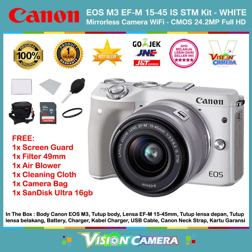 CANON EOS M3 EF-M 15-45 IS STM Kit Kamera Mirrorless M3 CMOS 24.2MP Full HD 1080p 49 AF Points (Garansi 1th) + Screen Guard + SanDisk Ultra 16gb + Filter 49mm + Air Blower + Cleaning Cloth + Camera Bag