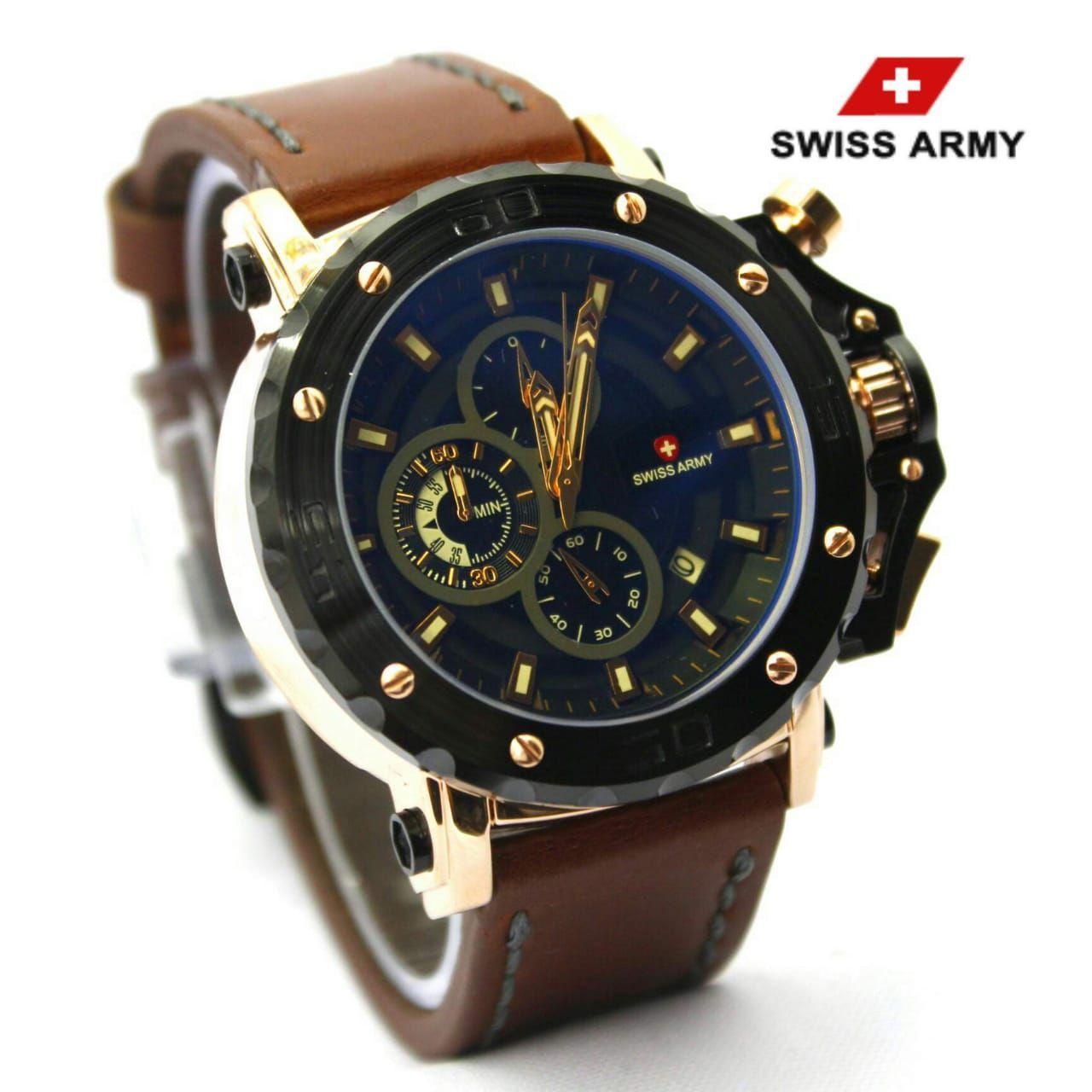Swiss Army Fashion Kasual Toko Grosir /KENZI WATCH STORE Fitur Chrono/Tanggal Aktif Tali Kulit Original Body Stainnless Anti Karat Model Terbaru