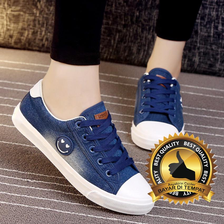 Lovelyshoes Sepatu Kets Trendy Jeans Smile Biru Navy Putih