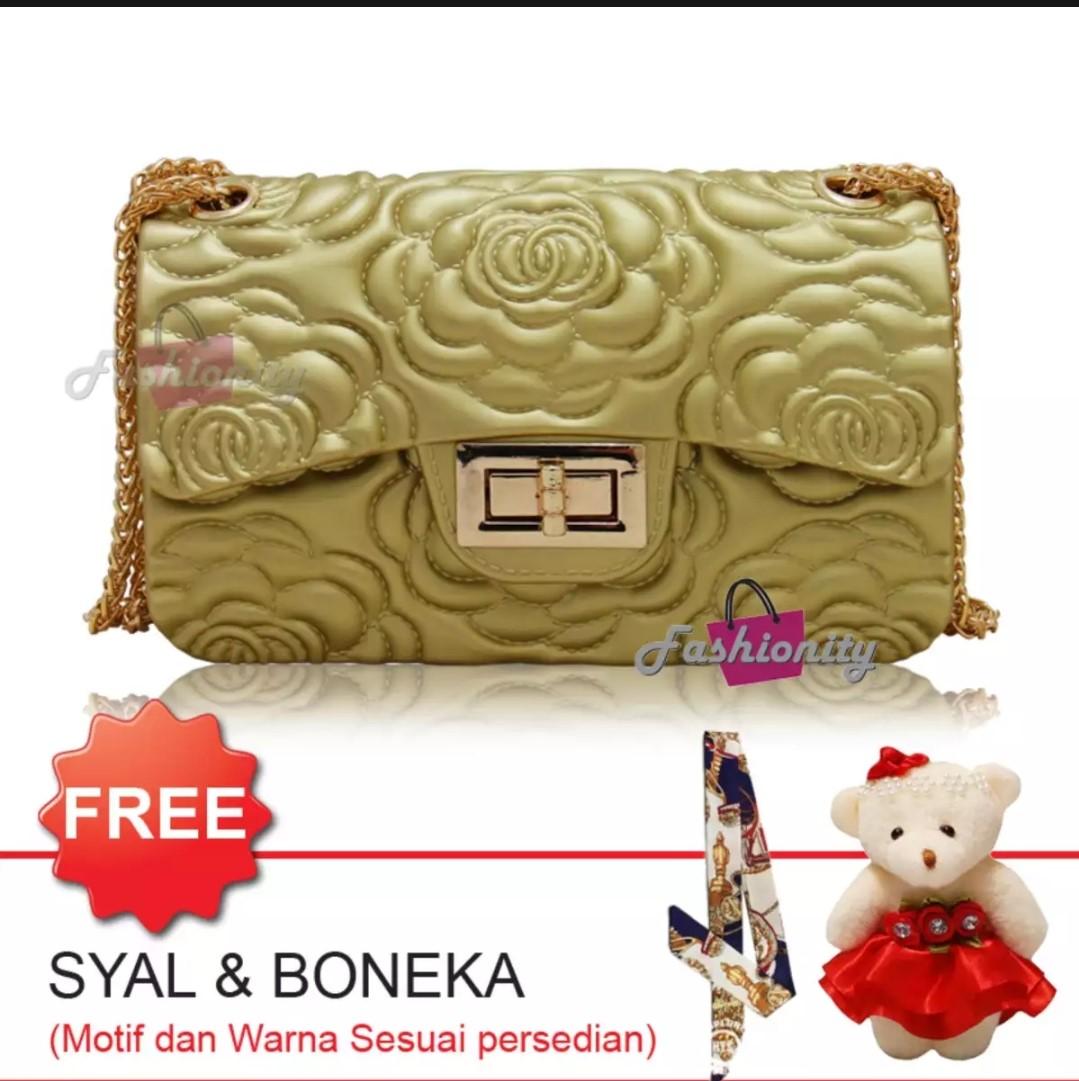 jaya shop Tas Wanita Jelly Flower Free Syal Boneka -Tas Sling Bag -tas wanita terbaru-tas wanita slempang