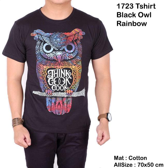 Menzu - T-Shirt Pria Lengan Pendek Black Owl Rainbow / Kaos Distro / Baju Cowok Sablon