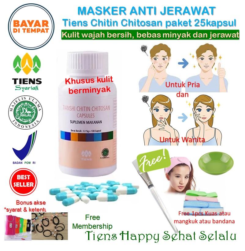 Masker anti jerawat untuk pria dan wanita / ampuh mengatasi jerawat dan minyak berlebih / wajah mulus bebas minyak dan jerawat - Tiens Chitin Chitosan paket isi 25kapsul + 1pcs free gift + free membership THSS