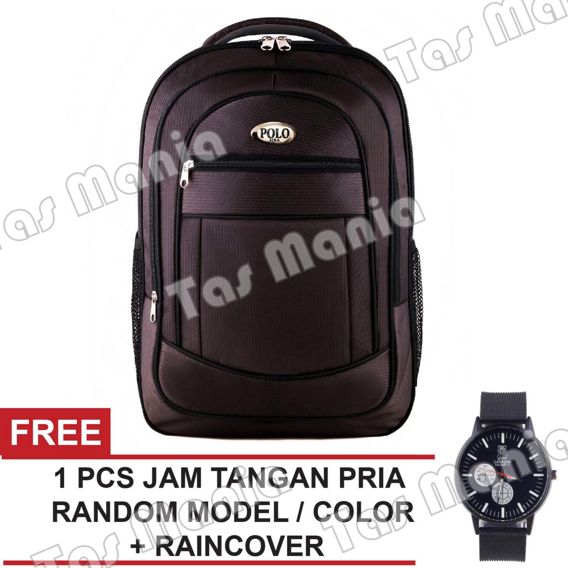 Tas Ransel Polo USA King Cobra Tas Laptop Backpack - Brown + Raincover + FREE Jam Tangan Pria Tas Pria Tas Kerja Tas Sekolah Tas Fashion Pria