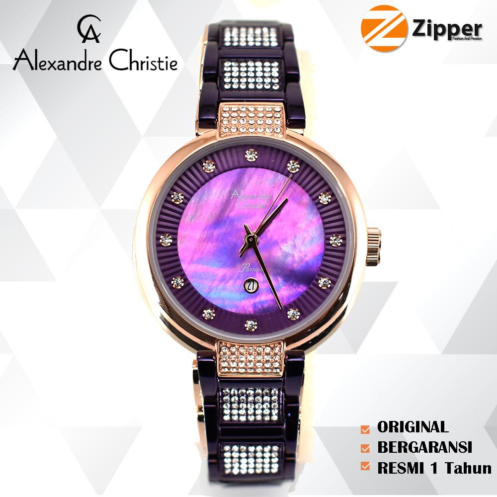 Alexandre Christie Jam Tangan Wanita Tali Rantai Stainless Steel Crystal AC2733 Original Emas Rose Gold Biru Purple Ungu