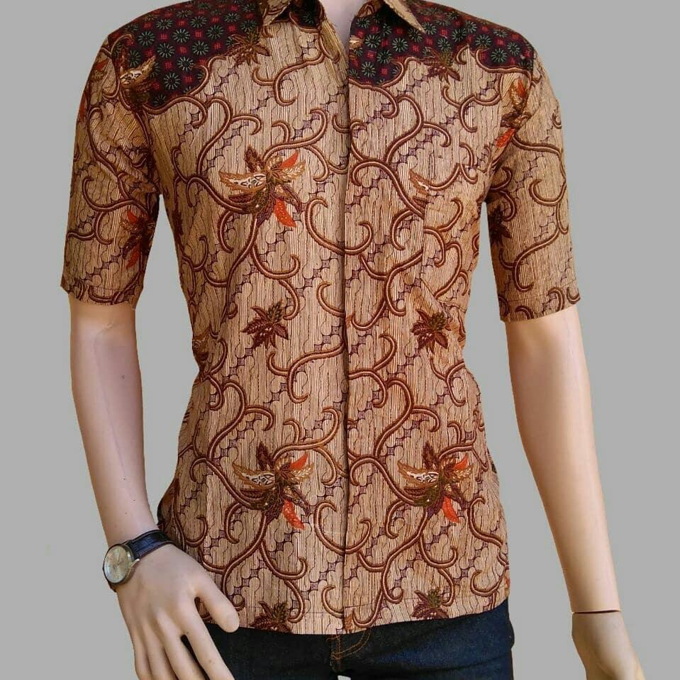 KEMEJA HEM BATIK PRIA PEKALONGAN LENGAN PENDEK MOTIF SENO KREM