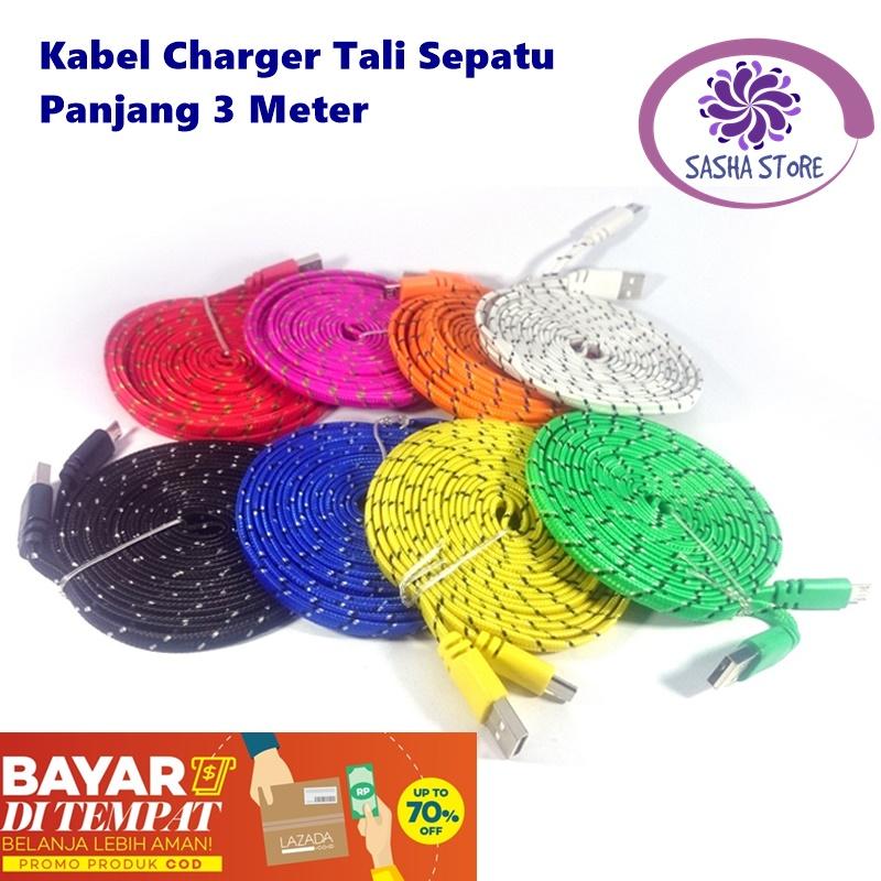 SS Kabel Data 3 Meter Model Tali Sepatu Kabel Charger 3 Meter / Kabel Charger Samsung Xiaomi Vivo Oppo Zenfone - 1 PCS (Random Color)