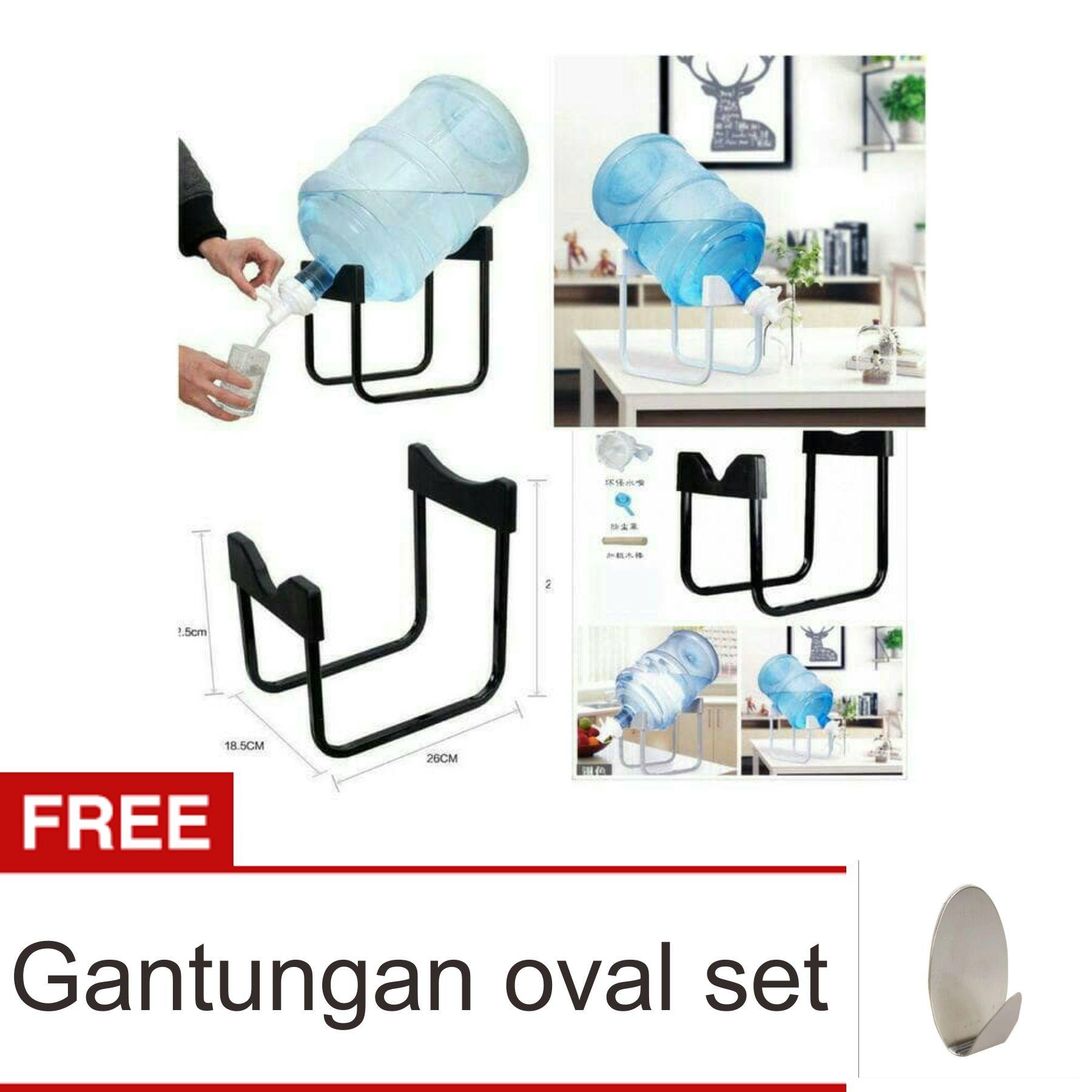 Lanjarjaya Rak Galon Tatakan Galon + Kran Air Galon / Dispenser Air Galon / Dispenser Minuman / Tatakan Aqua / Rak Besi Warna Random + Gantungan Oval Stainless Set