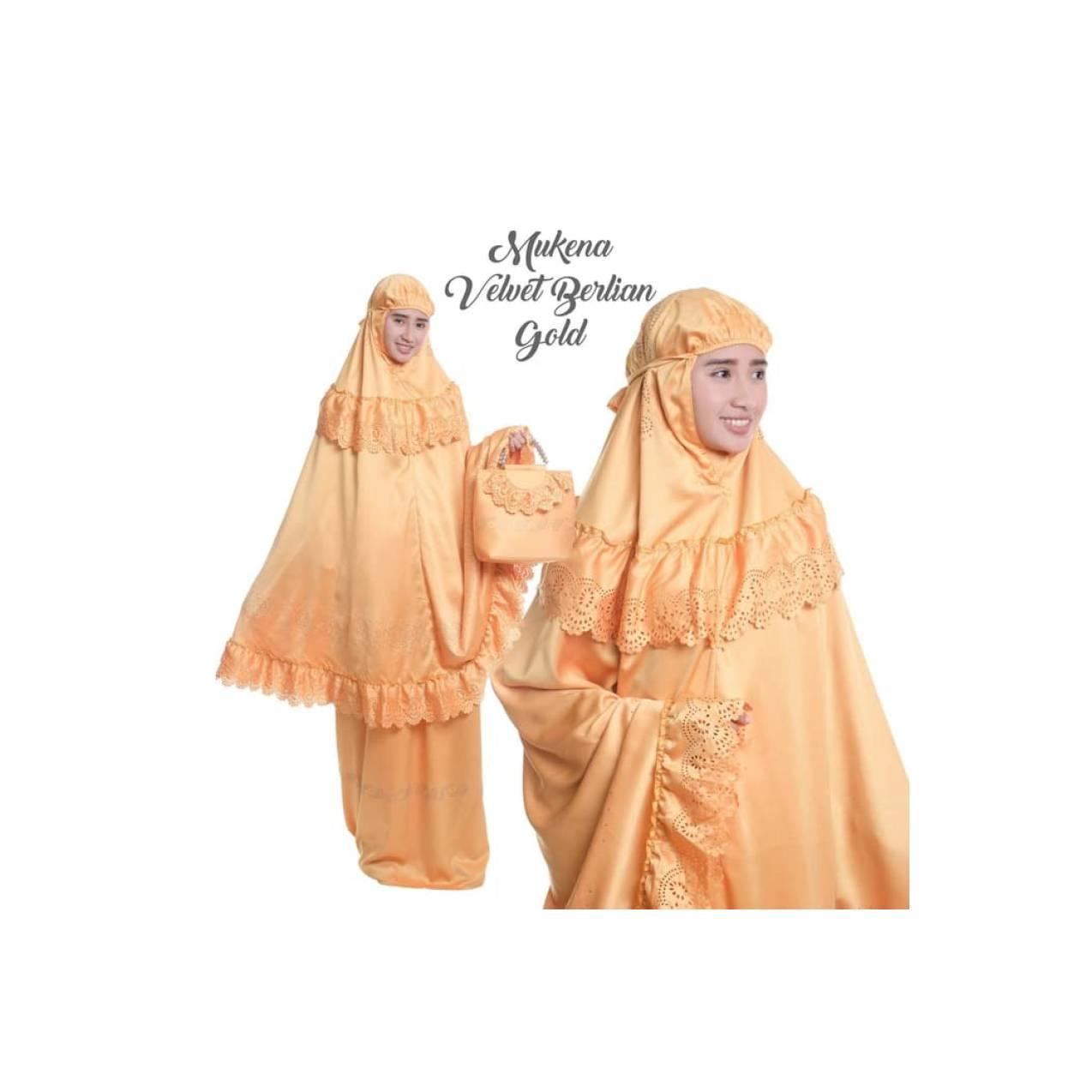 MUKENA BERLIAN MUKENAH DEWASA BAHAN VELVET WARNA GOLD DENGAN TAS