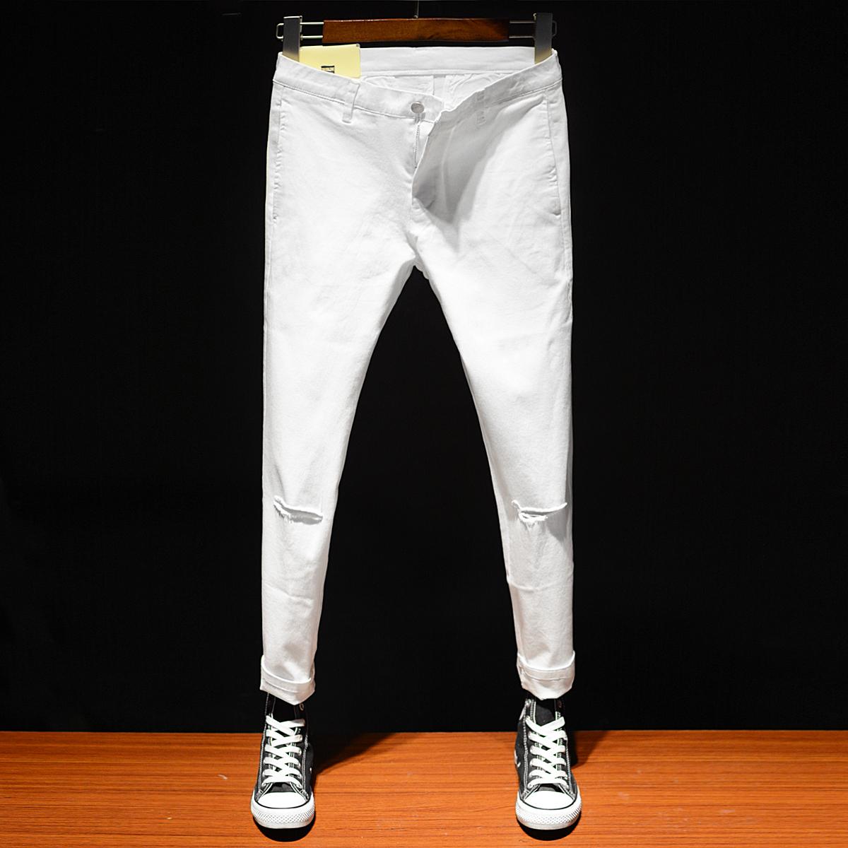 HD Putih Pria Sembilan Celana Celana Jeans Sobek (Hitam)