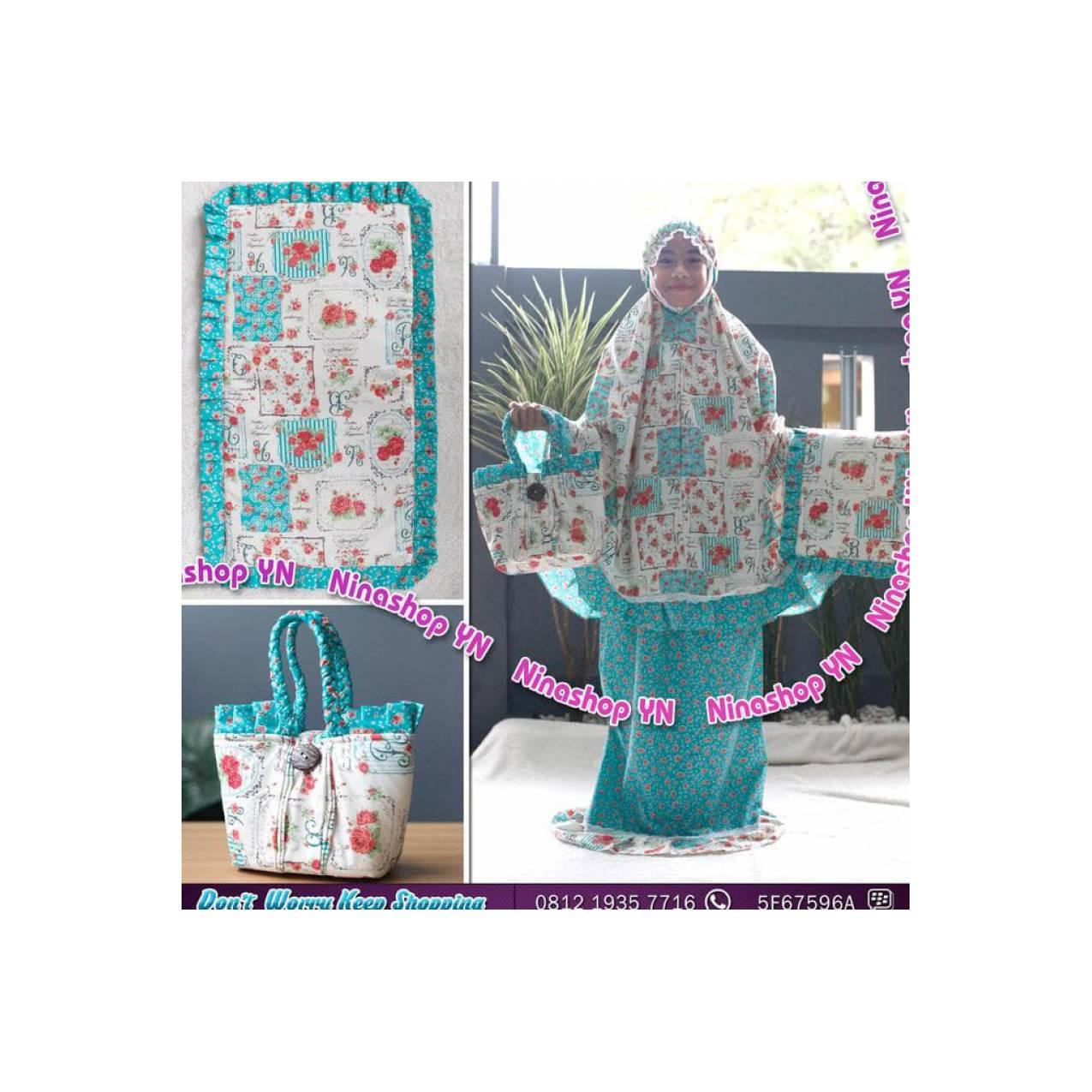 Jual Mukena Anak Motif Shabby Chic Biru Tosca