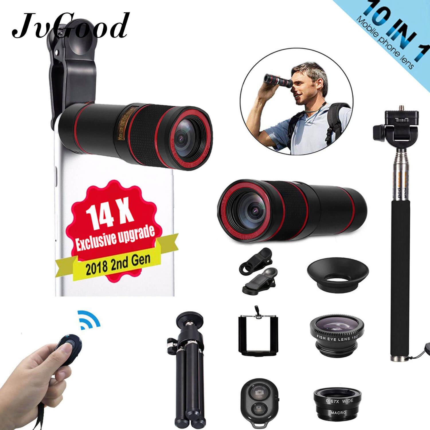 JvGood Lensa Smartphone Lensa Kamera Phone Camera Lens Set For Mobile Phone 10 In1 Travel Black Fisheye+Wide Angle+Macro+14X Telescope Telephoto Lens+Mini Tripod+Phone Holder