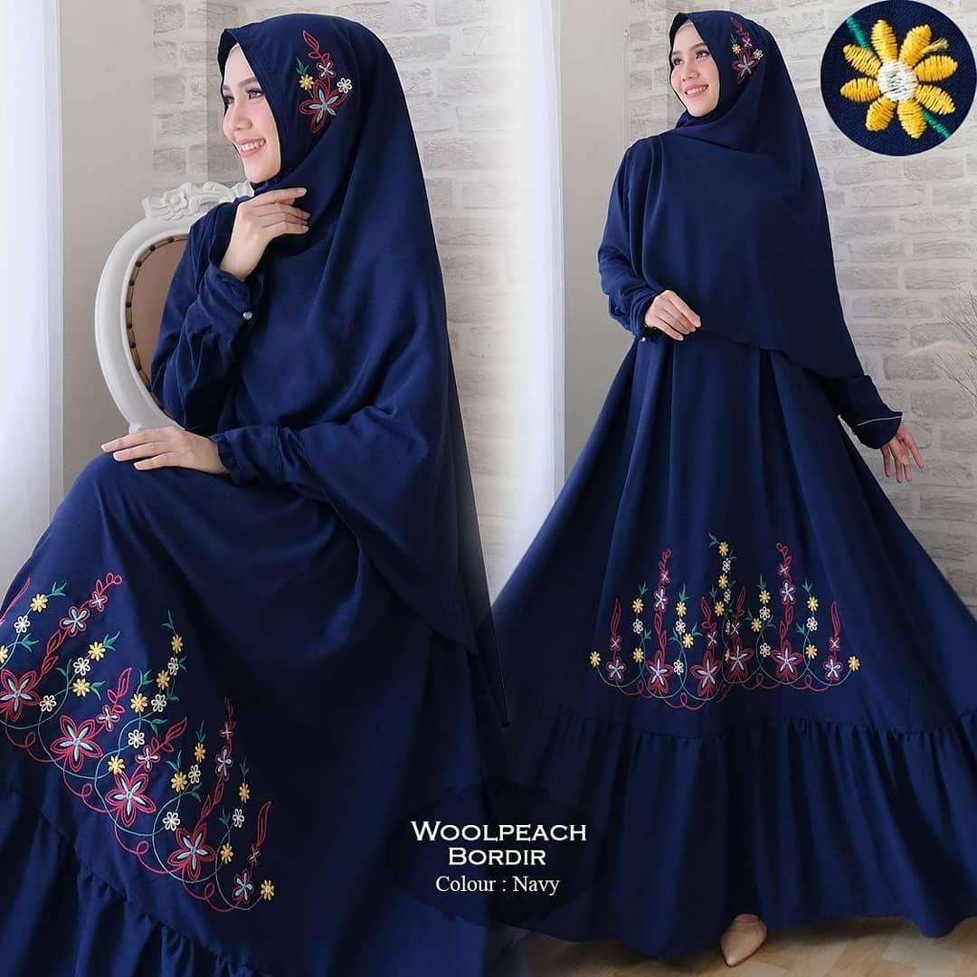 Media Fashion Shop - Baju Gamis Syari Wanita Muslim Gamis woolpeach bordir - bahan gamis wolpeach kombinasi bordir ld 110 pjg 140 lebar bawah 4 m busui karet blkg ada kancing di tangan + bergo