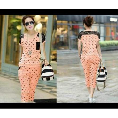 SUPPLIER GROSIR 15208 T32 BAJU SETELAN POLKADOT STELAN WANITA CEWEK REMAJA DEWASA LENGAN PENDEK WARNA PINK MURAH TERMURAH BAHAN SPANDEK