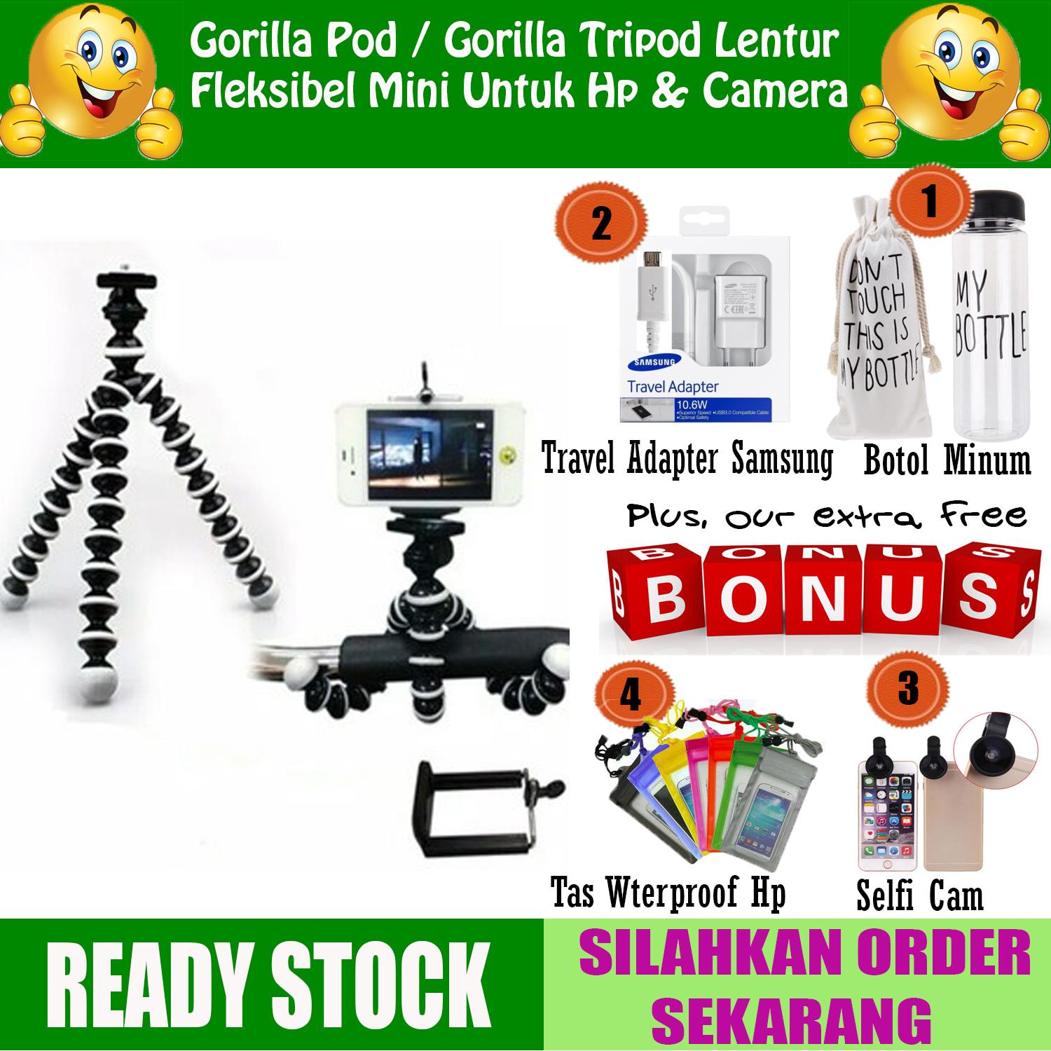 Gorilla Pod / Gorila Tripod-Tripod Lentur Fleksibel Mini Untuk HP Kamera dan Action Cam + GRATIS Travel Adapter Samsung + Botol Minum + Tas Waterproof Hp + Selfi Cam