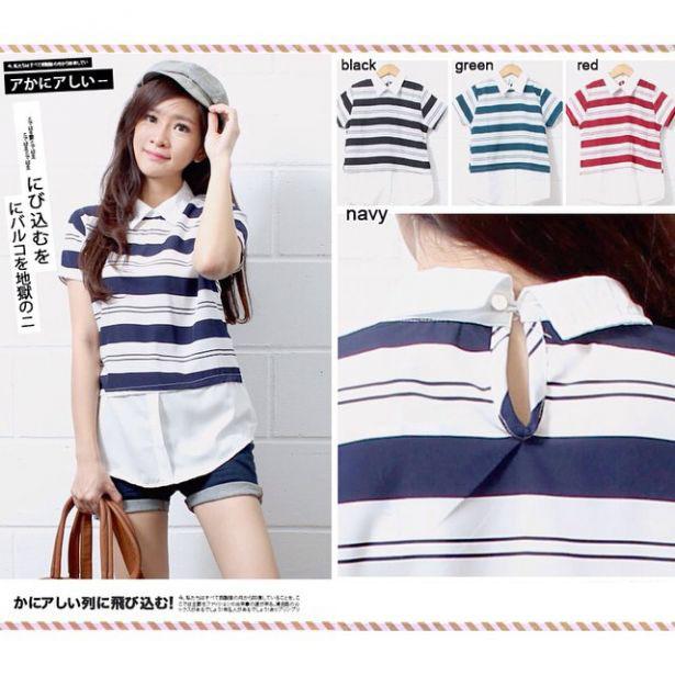 Blouse Wanita Berkerah / Atasan Wanita Model Sopan / Green Striped Short Sleeved Fake Two Piece Blouse