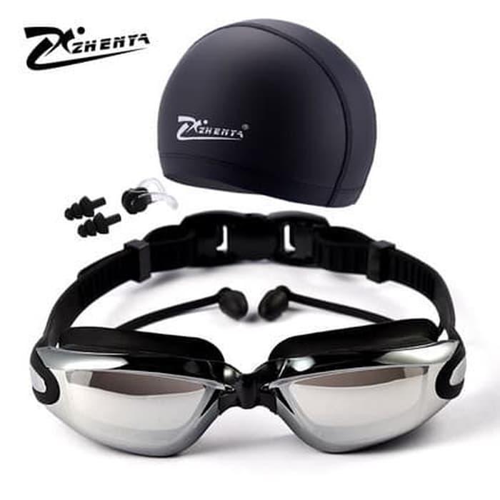 Kacamata renang paket topi renang DAN TUTUP TELING merk zhenya very good quality
