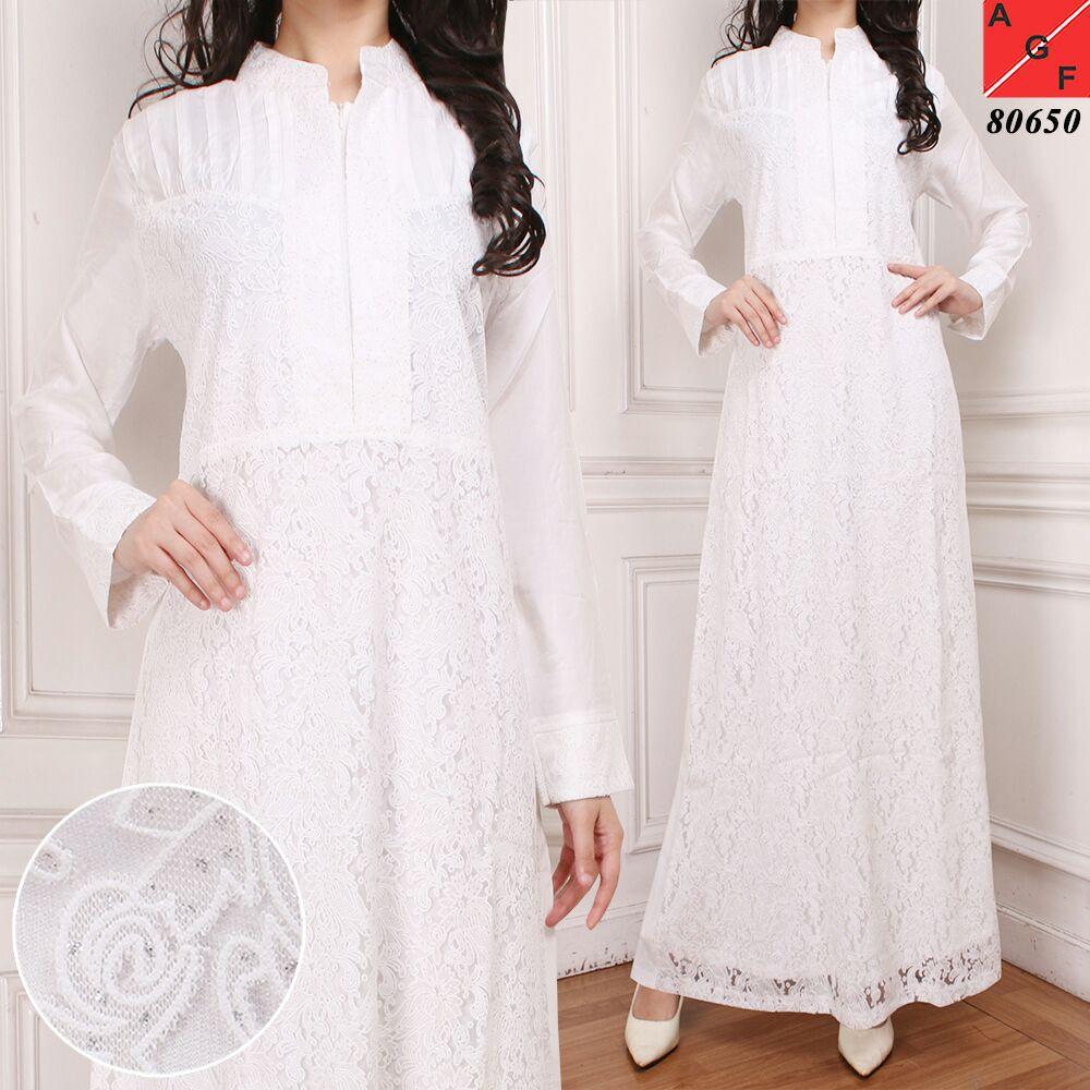 SALE!! Baju Gamis Wanita Brukat / Syari Putih Lebaran Umroh Haji / Busana Muslim Wanita #80650 STD (SIZE L)