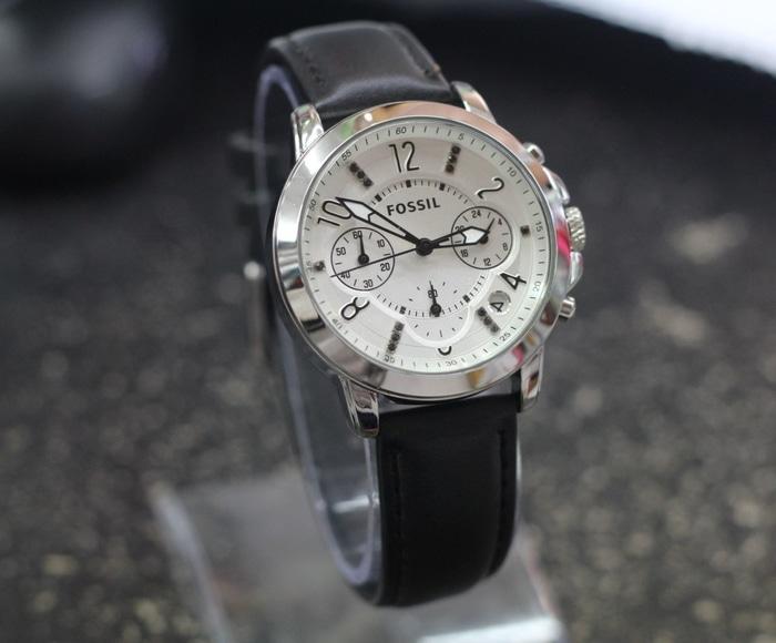 Jam Tangan Wanita / Cewek Fossil Ladies Chrono ON Leather Black Silver