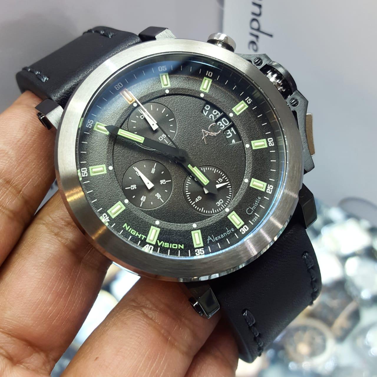 Alexandre Christie AC9200 Original Jam Tangan Pria Stainless Leather Hitam Abu