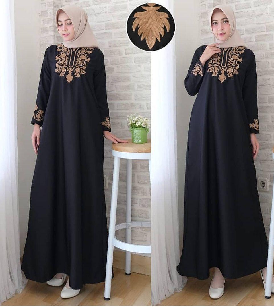 Gamis dress abaya kaftan hitam polos renda import cantik keren