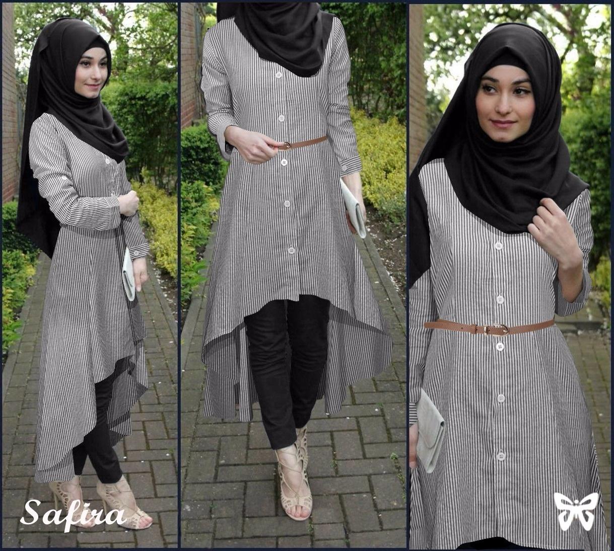 Flavia Store Baju Muslim Wanita Set 4 in 1 Salur FS0688 - HITAM / Setelan Muslimah / Stelan Gamis / Hijab / Atasan Blouse Terusan Kemeja Tunik Lengan Panjang Garis Bawahan Celana / Srsafirasalur