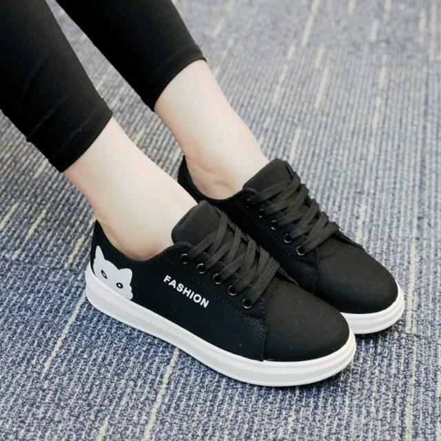 ADIVA Sepatu Kets Sneakers Wanita/Pria Motif Fashion Kucing - Kets Casual Lucu - Hitam Putih