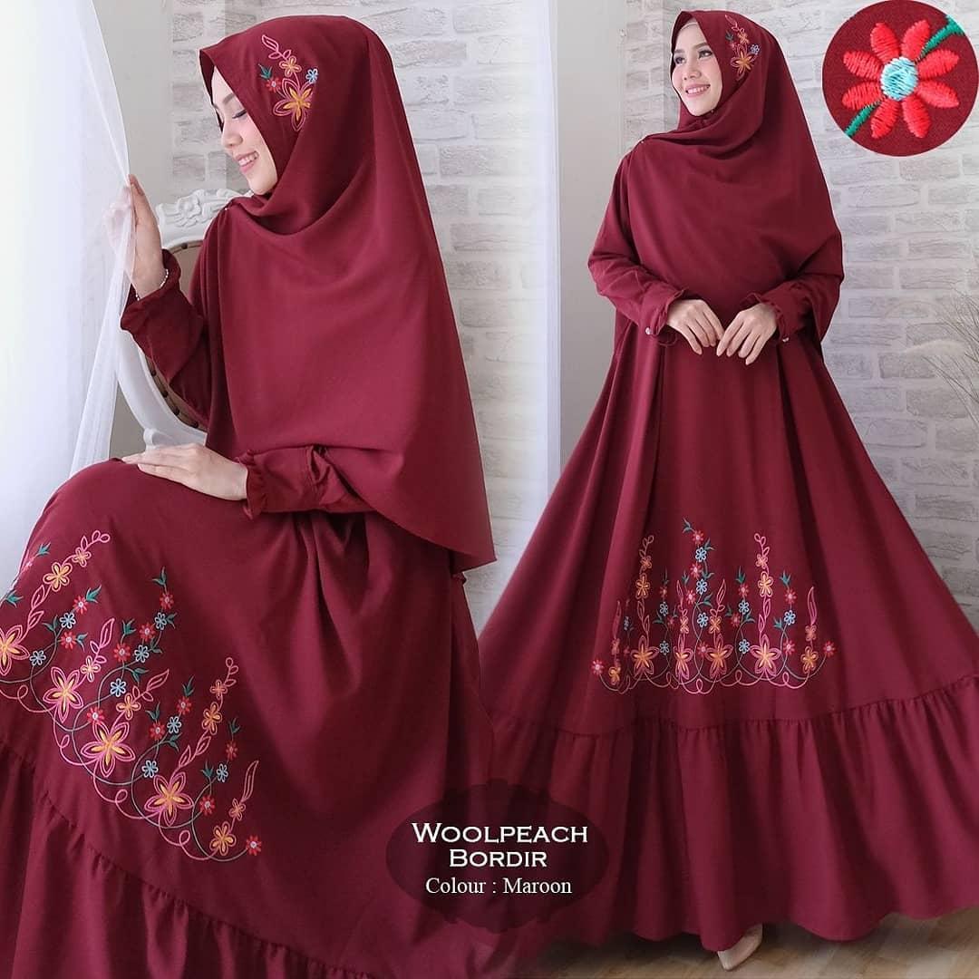 Media Fashion Shop - Baju Gamis Syari Wanita Muslim Gamis woolpeach bordir - bahan gamis wolpeach kombinasi bordir ld 110 pjg 140 lebar bawah 4 m busui karet blkg ada kancing di tangan + bergo