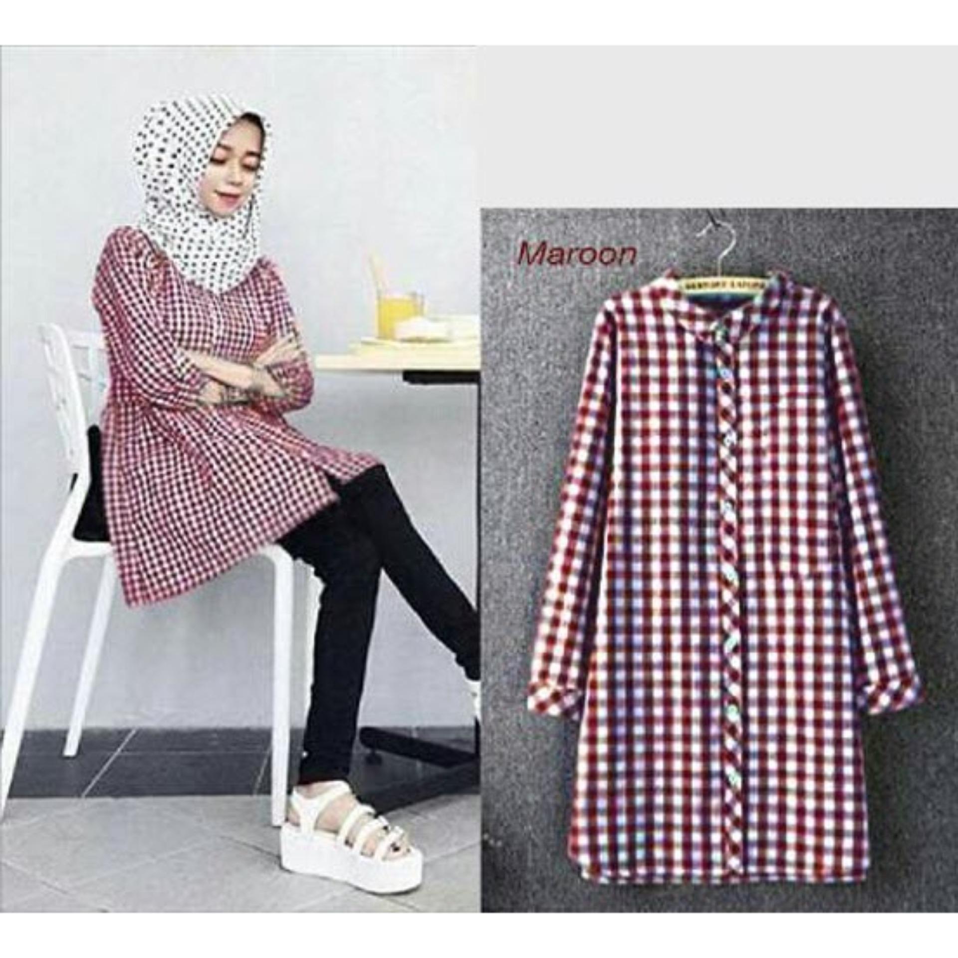 Kemeja Tunik Wanita Lengan Panjang Kotak MSR050 / Blouse Kerja Formal / Baju Santai Kasual / Atasan Muslimah / Blus Terusan / Rnjunix