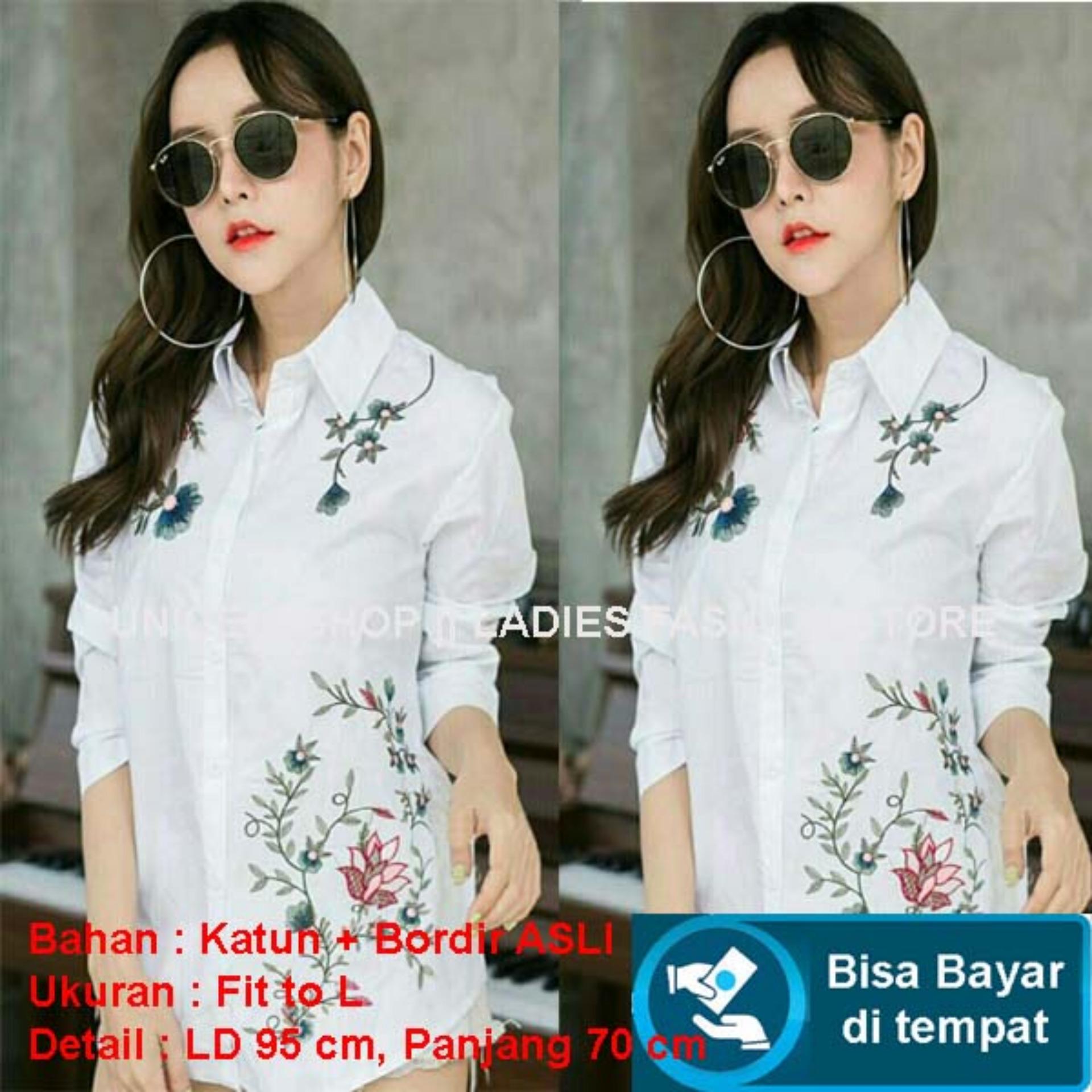 Kemeja Tunik Wanita Lengan Panjang / Tunik Bordir ASLI Bunga Lengan Panjang / Blouse Bordir Bunga Polos Cewek / Hem Kemeja Baju Wanita Bangkok / Blus Korean Style / Blouse Wanita Modern / Kemeja Bordir ASLI BUNGA / Kemeja Slim Fit (nixtu rdirbo) NR-PUTIH