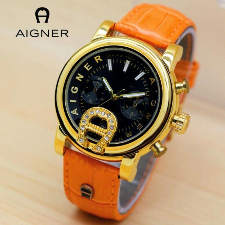 Jam Tangan Wanita Aigner Bari Plat Hitam Body Gold Kulit Best Seller