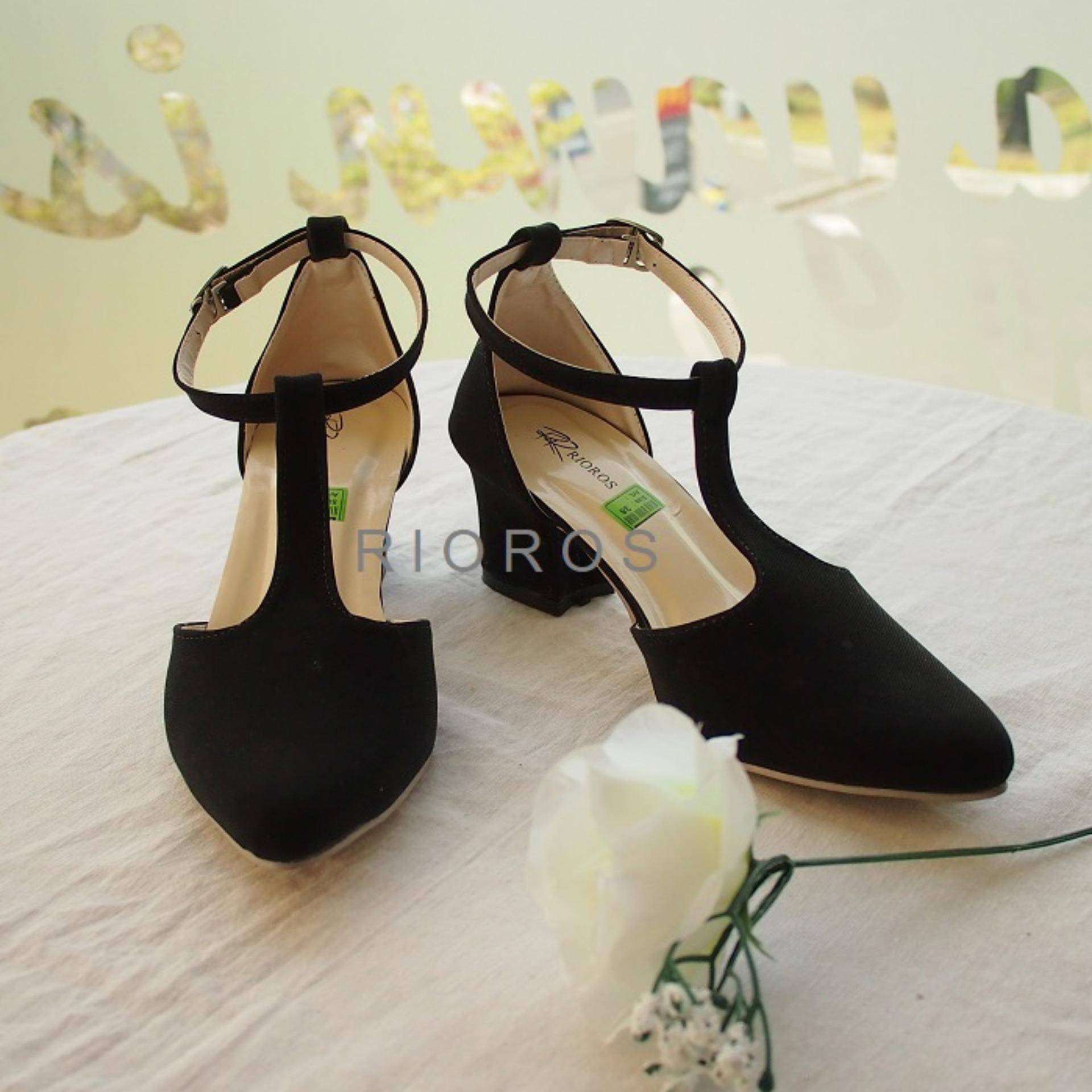 Rioros - Sepatu Wanita Hak Tahu T-strap Zara - Hitam