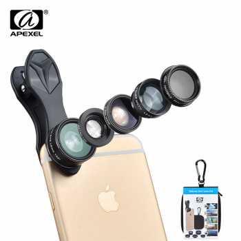 APEXEL 5 in 1 Lensa CPL Fisheye Macro Telephoto Wide Angle Lens