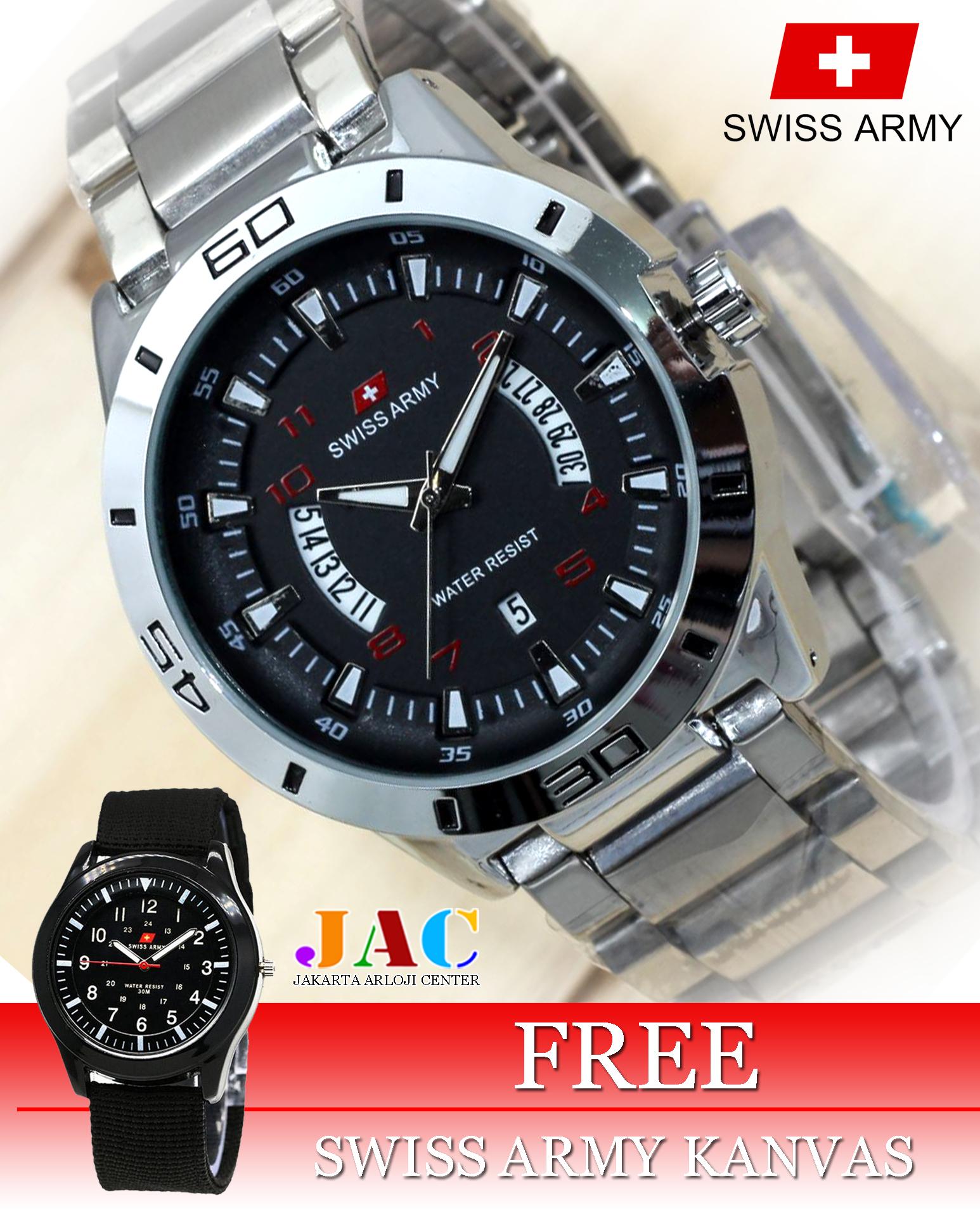 Jam Tangan Swiss Army Pria - Original - Stainless Steel - Tanggal Dan Hari Aktif - Formal Design - Bonus Jam Tangan Kanvas 