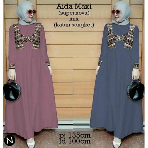 Promo Hari Ini Cn 7090 Aida Maxi Dress Terusan Gamis Syari Wanita Murah Batik Songket Etnik Simple