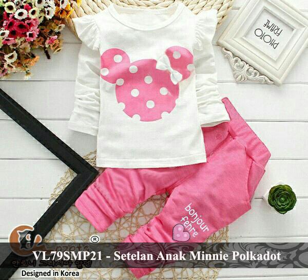 vlovi promo lazada baju anak perempuan motif polkadot murah setelan baju anak minnie mouse VL79SMP21 minnie polkadot fit 3 - 5 tahun