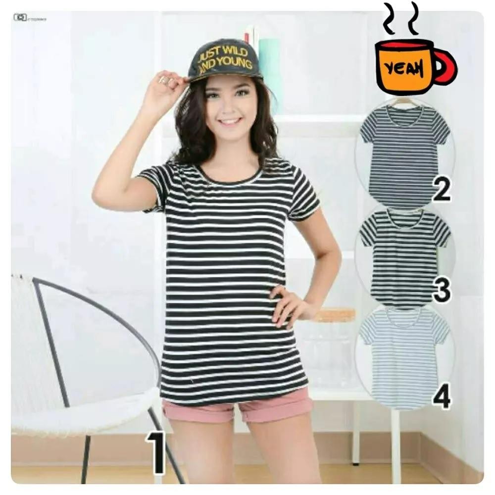 Baju Atasan Kaos Belang Cewek Wanita Lengan Pendek Santai - No. 1