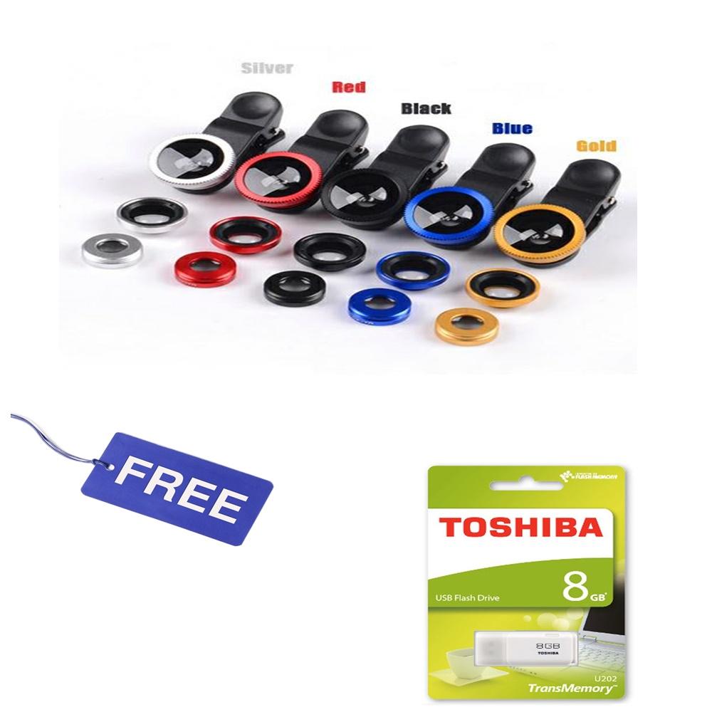 Fisheye 3in1 Jepit 3 Lensa Universal Wide Macro COMBO DIPAKAI Tongsis fish eye FREE flashdisk toshiba 8gb